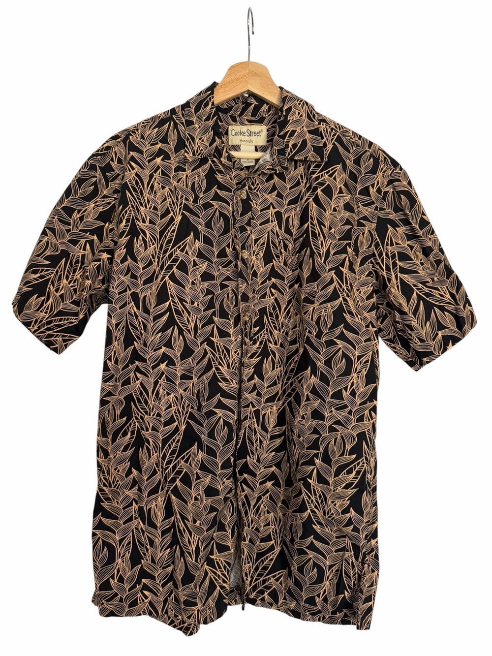 Cooke Street Honolulu Aloha Shirt Mens Small Black Tan Tropical Hawaiian